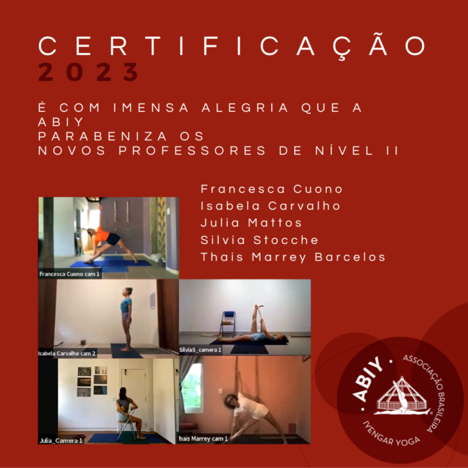 “Yoga não é um conjunto de técnicas feitas uma após a outra. Yoga é o desenvolvimento contínuo das relações humanas – com o nosso mestre, nossos alunos, nossa família, nossos amigos, nosso mundo." T.K.V. Desikachar Esta certificação contou com a participação dos avaliadores: Cláudia Diaz Boitano Deborah Weinberg Márcia Barros Camila de Lucca Pedro Pessoa Renata Ventura A CATP Realizou esta prova on-line, sob a coordenação de Márcia Barros e contou com as participações de Luanda de Moura e Marcelo Alcântara. A ABIY e o Comitê de Avaliação e Treinamento de Professores (CATP) também agradecem o trabalho das técnicas Francesca Cuono e Mônica Auga. “A luz que o yoga lança sobre a vida é algo especial. É transformadora. Não muda apenas a forma como vemos as coisas; transforma quem vê.” BKS Iyengar